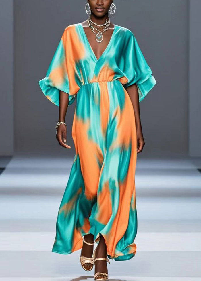 Organic Green V Neck Tie Dye Silk Dress Batwing Sleeve Summer