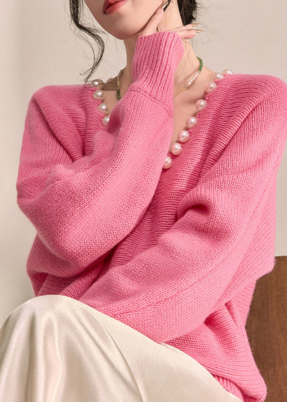 Brief Pink Thick Cotton Knit Sweater V Neck Pearl Lantern Sleeve Fall