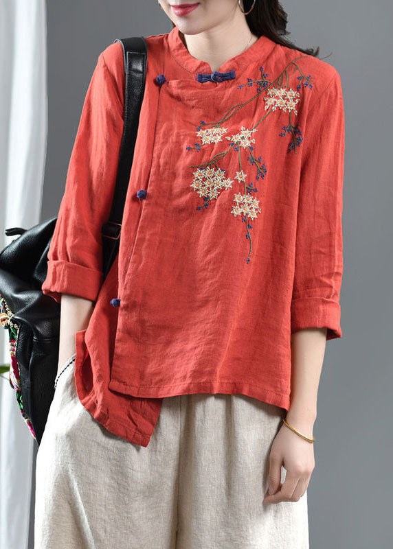 Loose Orange Embroideried Linen Top Half Sleeve