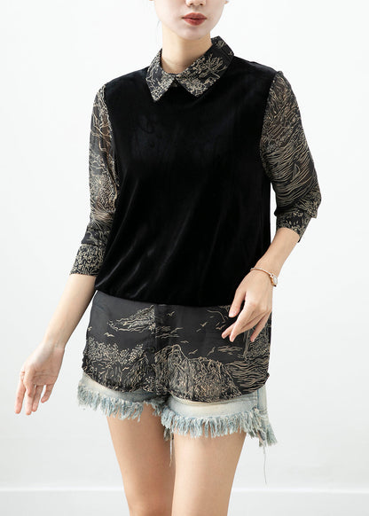Black Peter Pan Collar Patchwork Silk Velour Shirt Top Fall