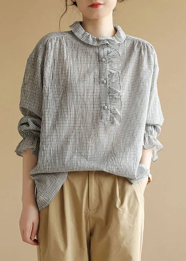 Black White Peter Pan Collar Ruffled Plaid Cotton Shirt Top Long Sleeve