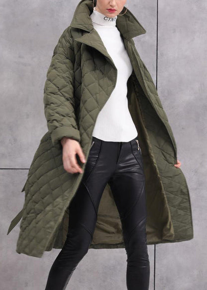 Army Green Tie Waist Pockets Duck Down Coat Long Sleeve