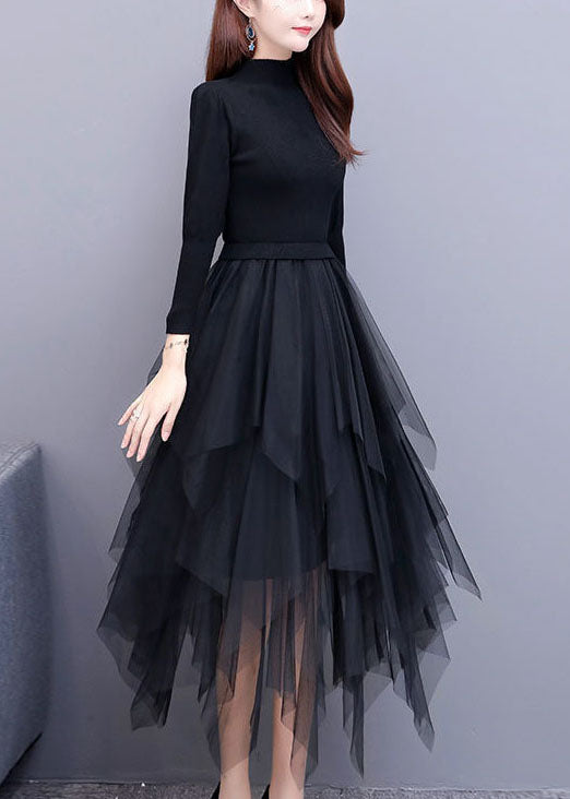 Black Tulle Patchwork Asymmetrical Design Dress Spring