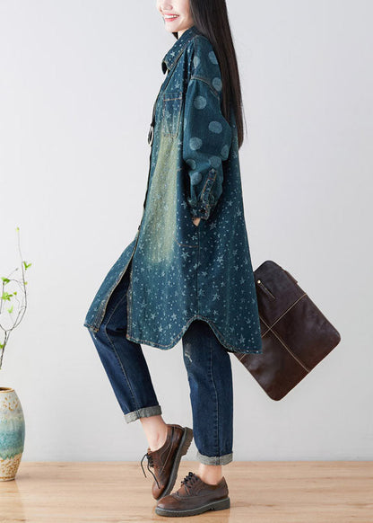 Navy Peter Pan Collar Oversized Print Cotton Trench Coats Spring