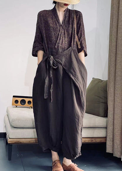 Coffee Purple V Neck Print Lace Up Patchwork Cotton Jumpsuit Spring