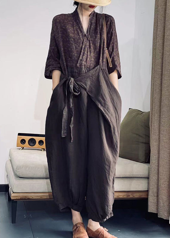 Coffee Purple V Neck Print Lace Up Patchwork Cotton Jumpsuit Spring