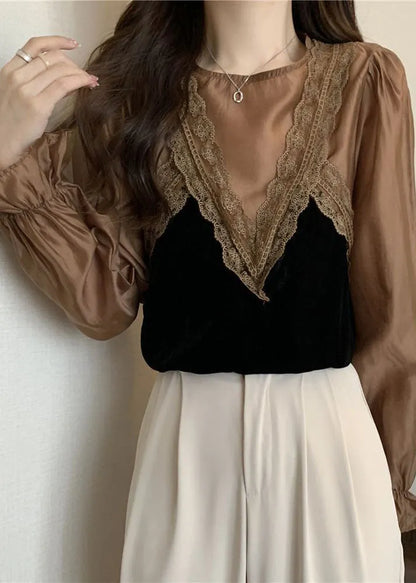 Khaki Patchwork Lace Silk Velour Shirt Top O-neck Lantern Sleeve