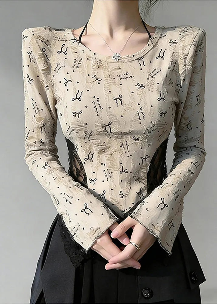 Beige Print Lace Patchwork Cotton Blouses Flare Sleeve