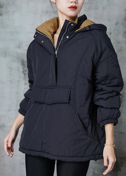 Black Patchwork Fine Cotton Filled Pullover Hooded Spring