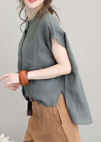 Unique O Neck Linen Tops Blouses Low High Design Clothing Green Polka Dots Shirt