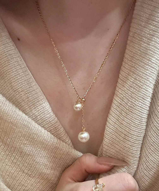 White Sterling Silver Overgild Pearl Tassel Pendant Necklace