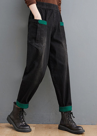 Style Black Pockets Patchwork Denim Pants Spring