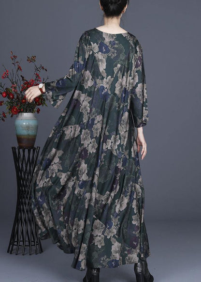 Green Print Silk Asymmetrical Design Mid Dress Summer