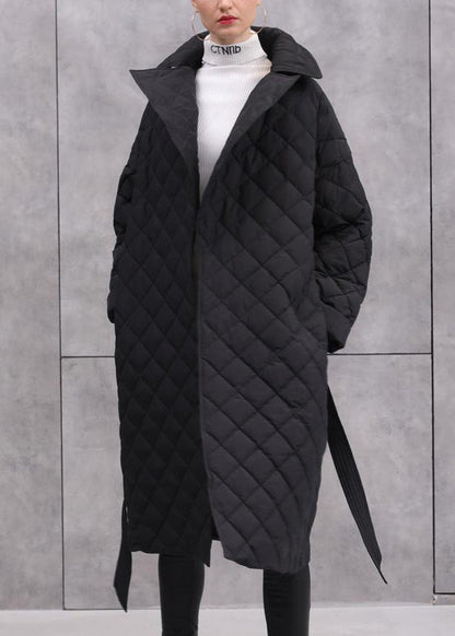 Army Green Tie Waist Pockets Duck Down Coat Long Sleeve