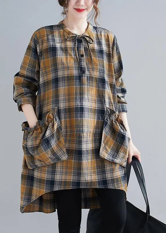 Plaid Shirts O-neck Asymmetric Clothing Spring Top