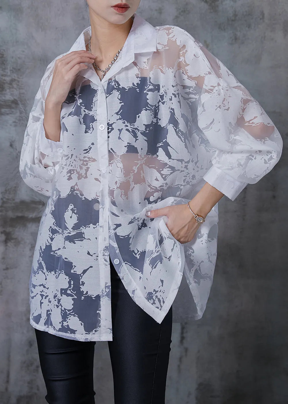 Stylish White Oversized Print Chiffon Upf 50+ Top Summer