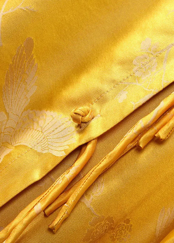 Yellow Stand Collar Button Jacquard Silk Tops Spring