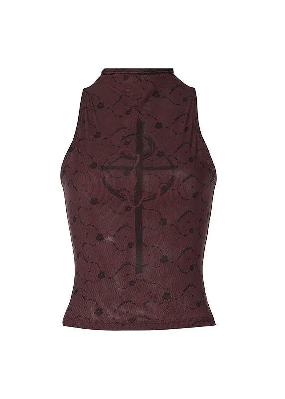 French Light Camel Half High Neck Print Tulle Tank Top Sleeveless