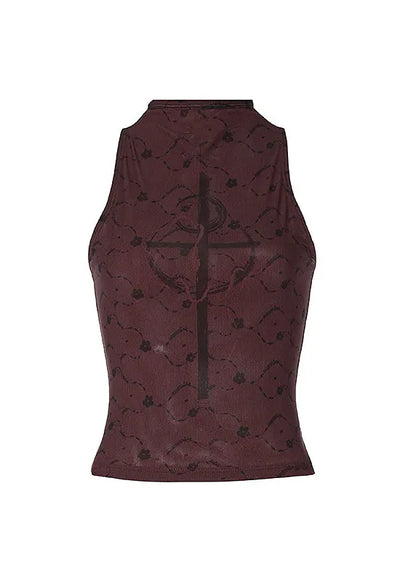 French Light Camel Half High Neck Print Tulle Tank Top Sleeveless