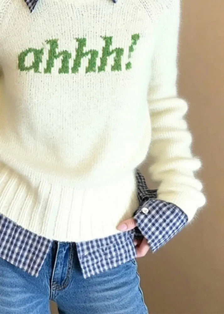 Diy Beige Letter Patchwork Knitted Fake Two Piece Sweater Spring
