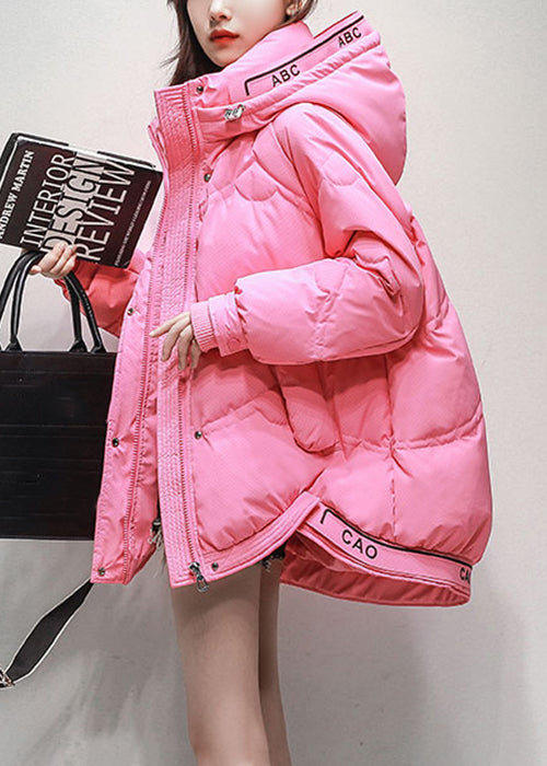 Pink Hooded Pockets Drawstring Duck Down Coats Winter