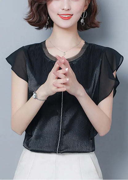French Black O-neck Patchwork Ruffles Silk Blouse Top Summer