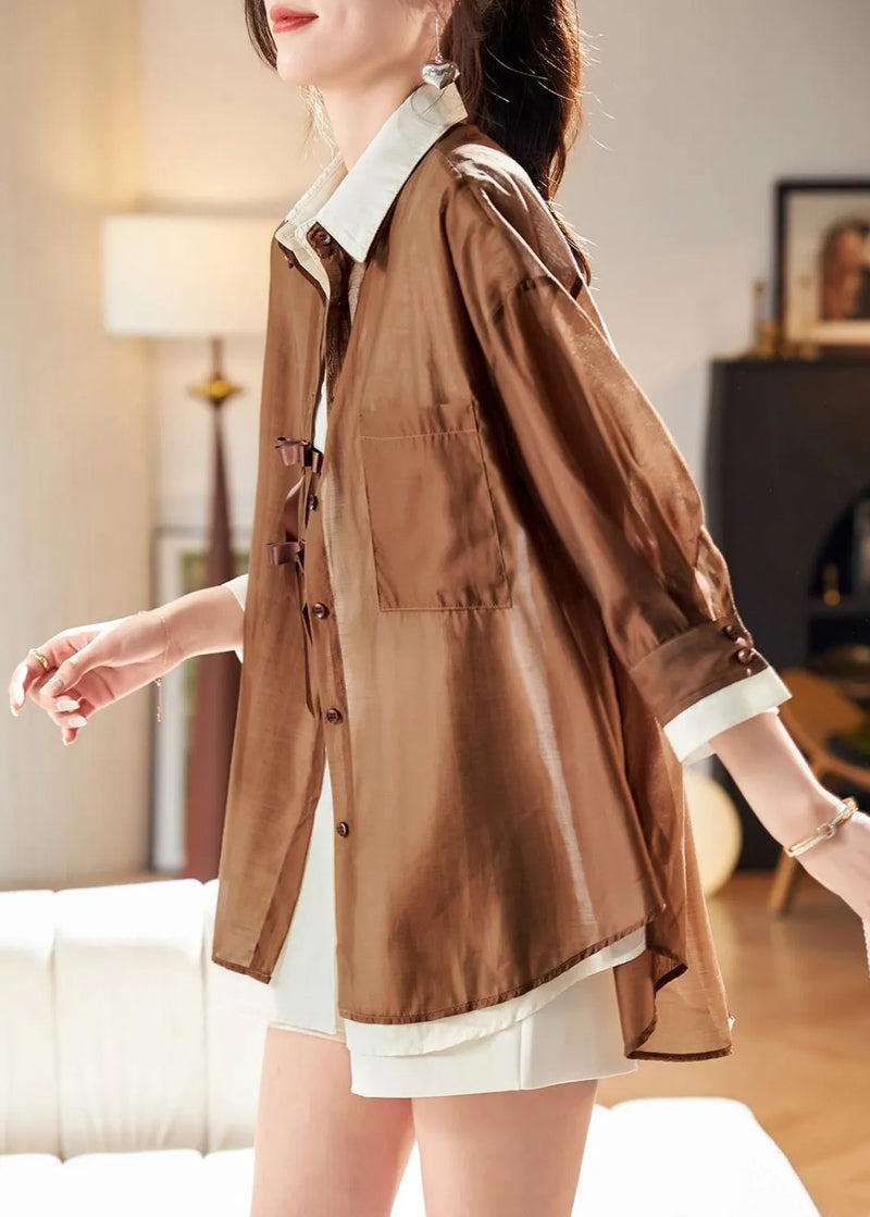 Style Coffee False Two Pieces Patchwork Chiffon Top Fall