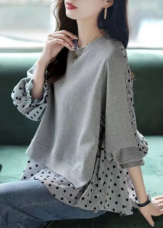 Grey O Neck False Two Pieces Patchwork Cotton Top Fall