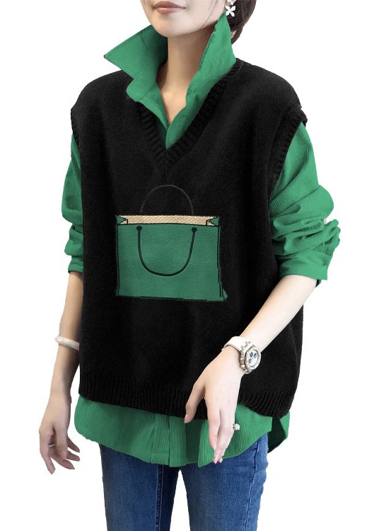 Italian Black Knit Vest and Shirts Patchwork Two Pieces Set Fall