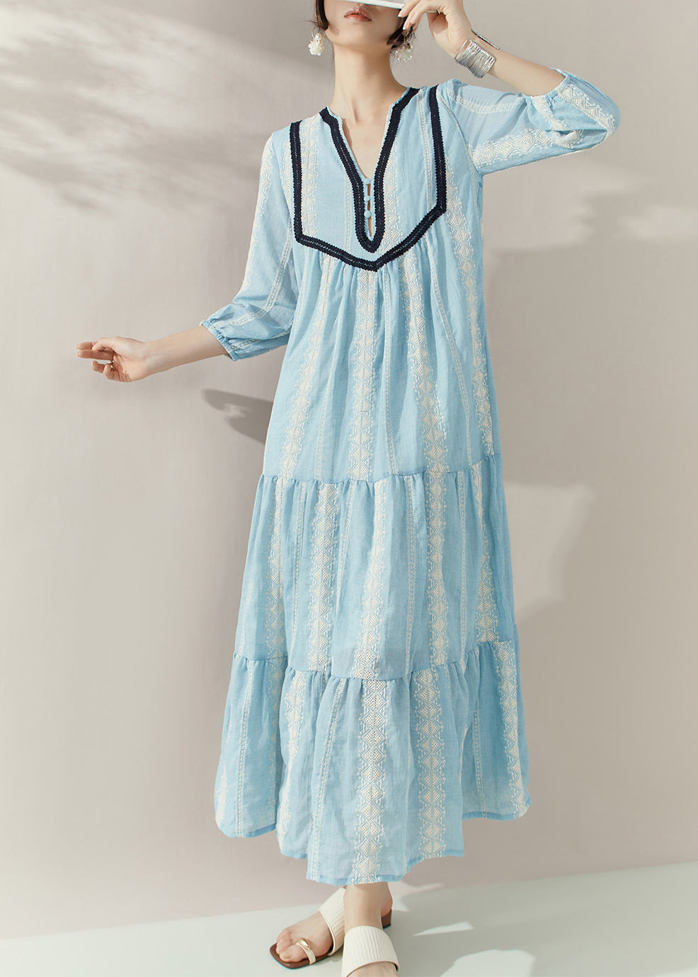 Blue V Neck Print Cotton Holiday Dress Half Sleeve