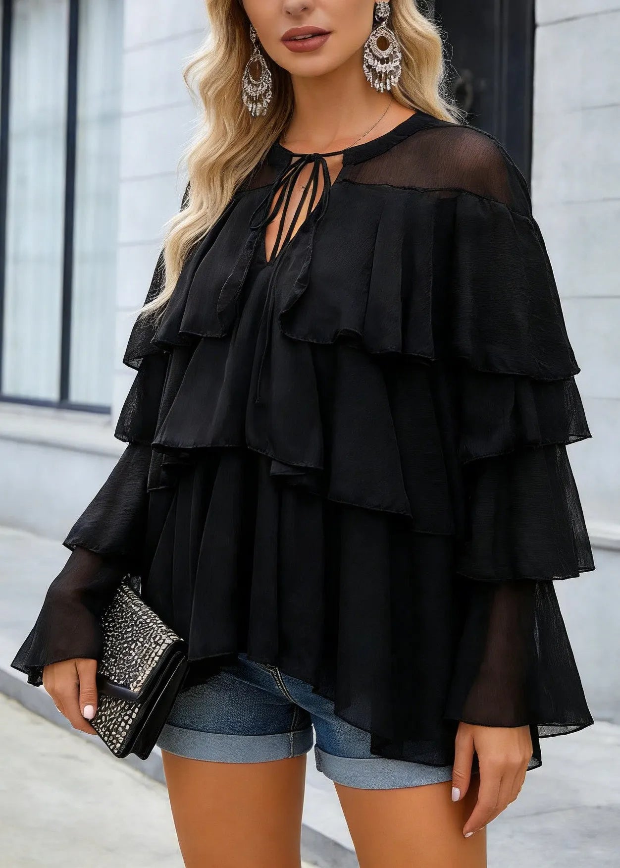 Fine Black Ruffled Patchwork Chiffon Blouse Top Spring
