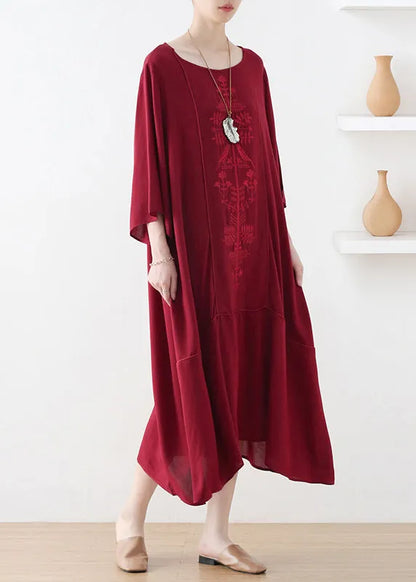 Natural Red O-neck Print Draping Long Dress Fall