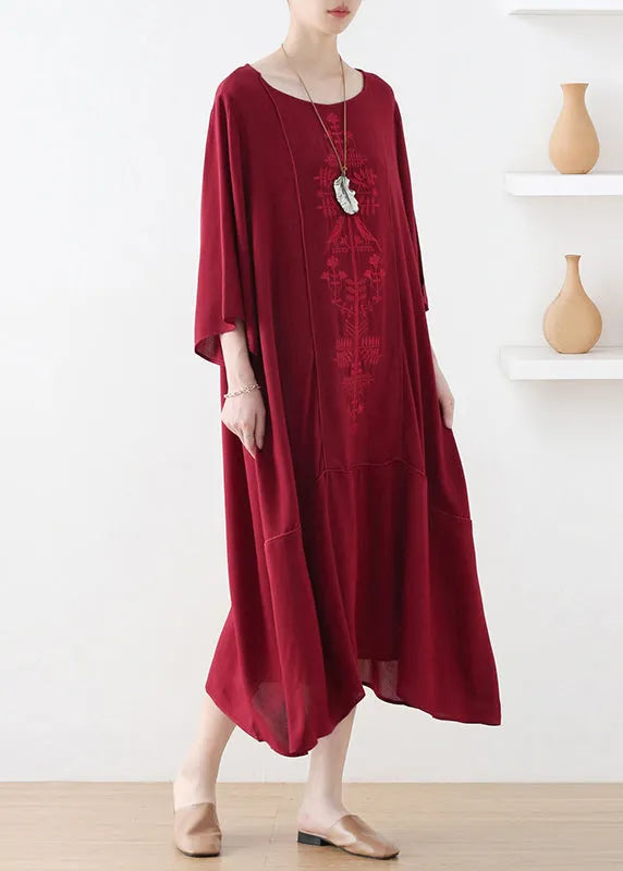 Natural Red O-neck Print Draping Long Dress Fall