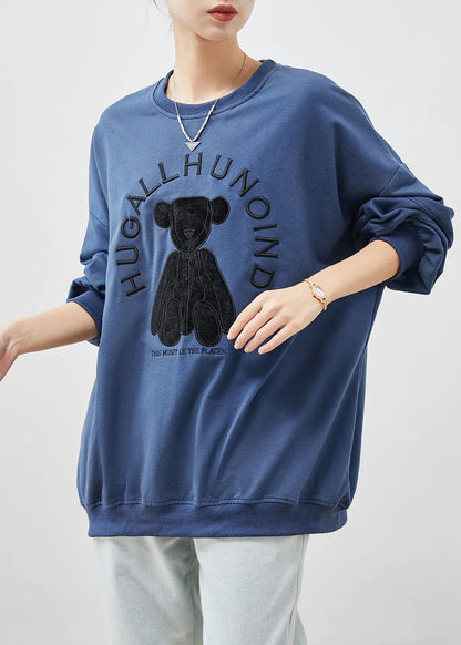 Blue Embroideried Oversized Cotton Pullover Spring