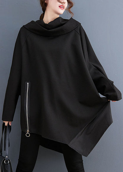 Black Turtle Neck Asymmetrical Patchwork Sweatshirts Fall