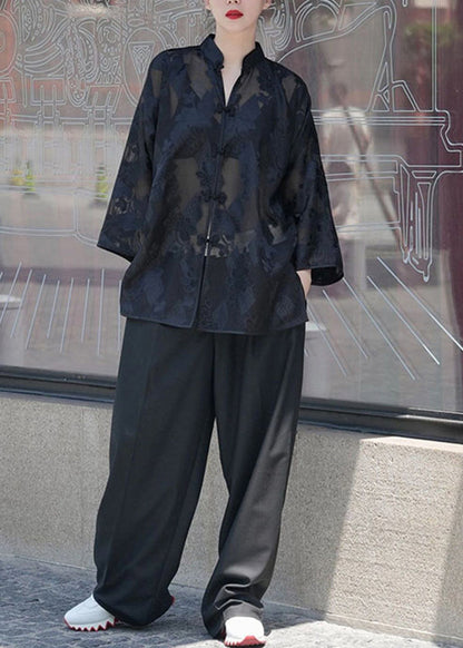 Black Chinese Button Jacquard Patchwork Silk Shirt Tops Fall