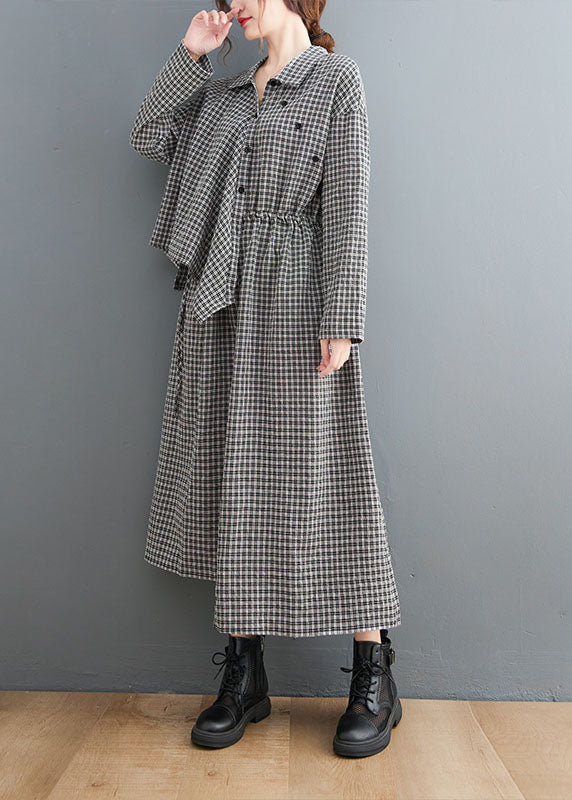 Fitted Black Plaidpeter Pan Collarbuttonasymmetrical Design Fall Holiday Dress Long Sleeve