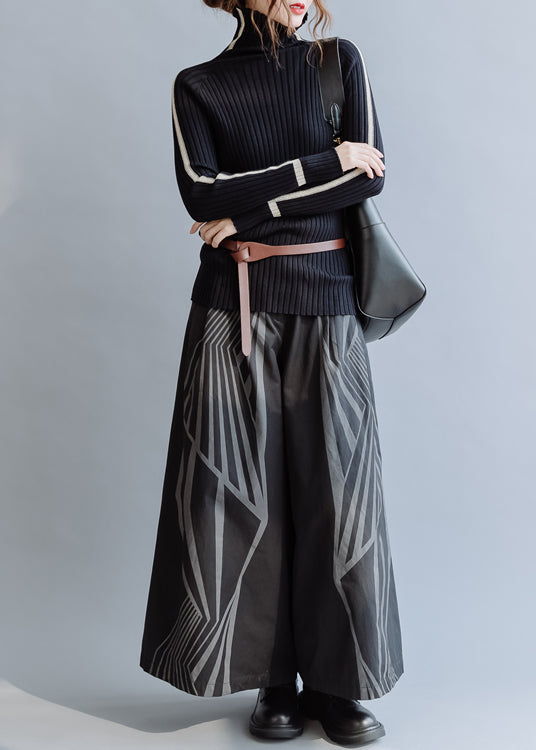 Organic Black Print Cotton Wide Leg Pants Spring