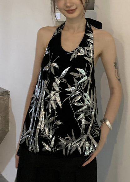 Black Lace Up Sequins Silk Velour Tank Sleeveless