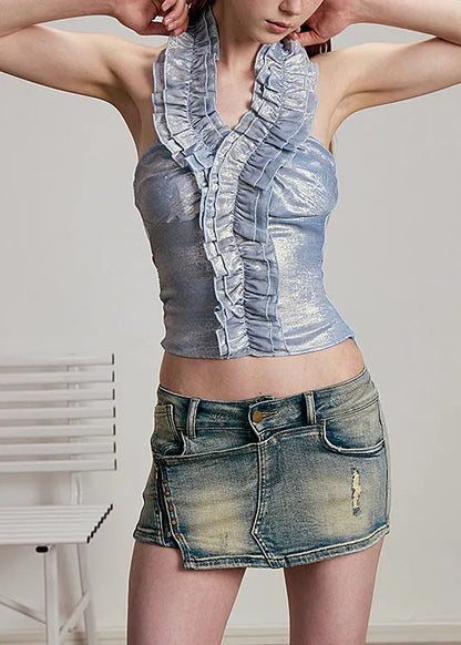 Stylish Blue Ruffled Backless Tulle Patchwork Top Summer