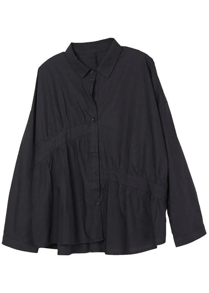 Italian Black Peterpan Collar Wrinkled Button Fall Shirt Long Sleeve