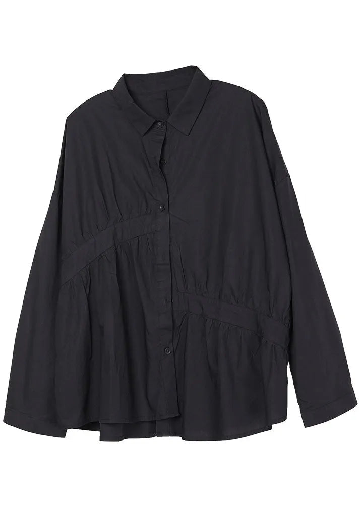 Italian Black Peterpan Collar Wrinkled Button Fall Shirt Long Sleeve