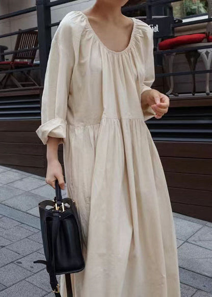 Apricot O Neck Wrinkled Patchwork Cotton Dresses Spring