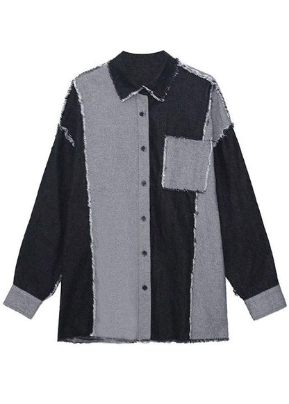 Organic Black Peter Pan Collar Button Pockets Fall Patchwork Denim Shirt Tops Long Sleeve