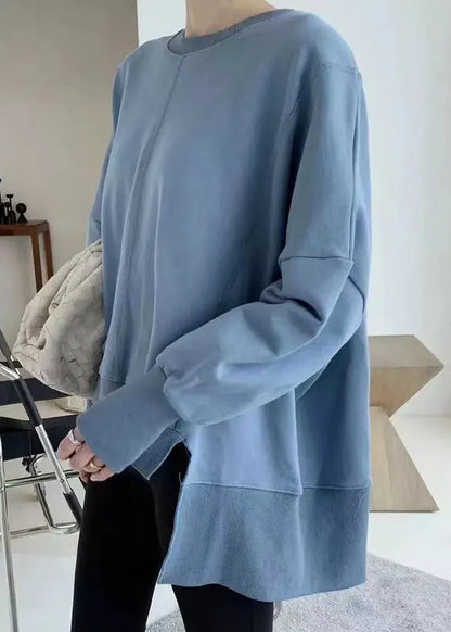 Blue Cotton Loose Sweatshirt O-neck Low High Design Spring