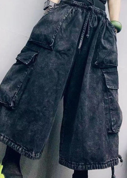 Black Cinched Pockets Denim Pants Spring