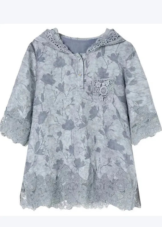 Blue Hooded Patchwork Lace Loose Sweatshirt Summer