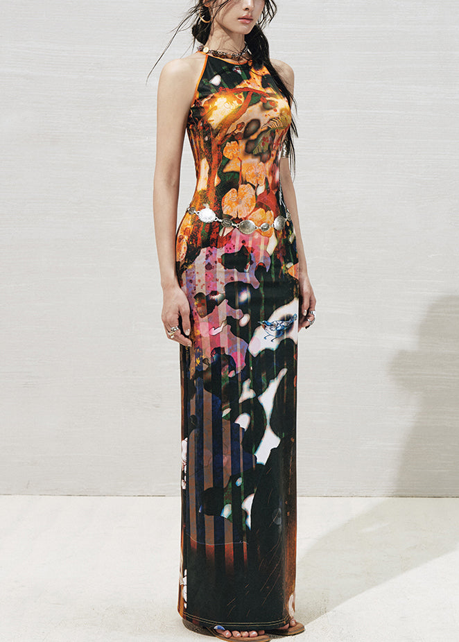 Orange Side Open Cotton Long Dresses O-neck Summer