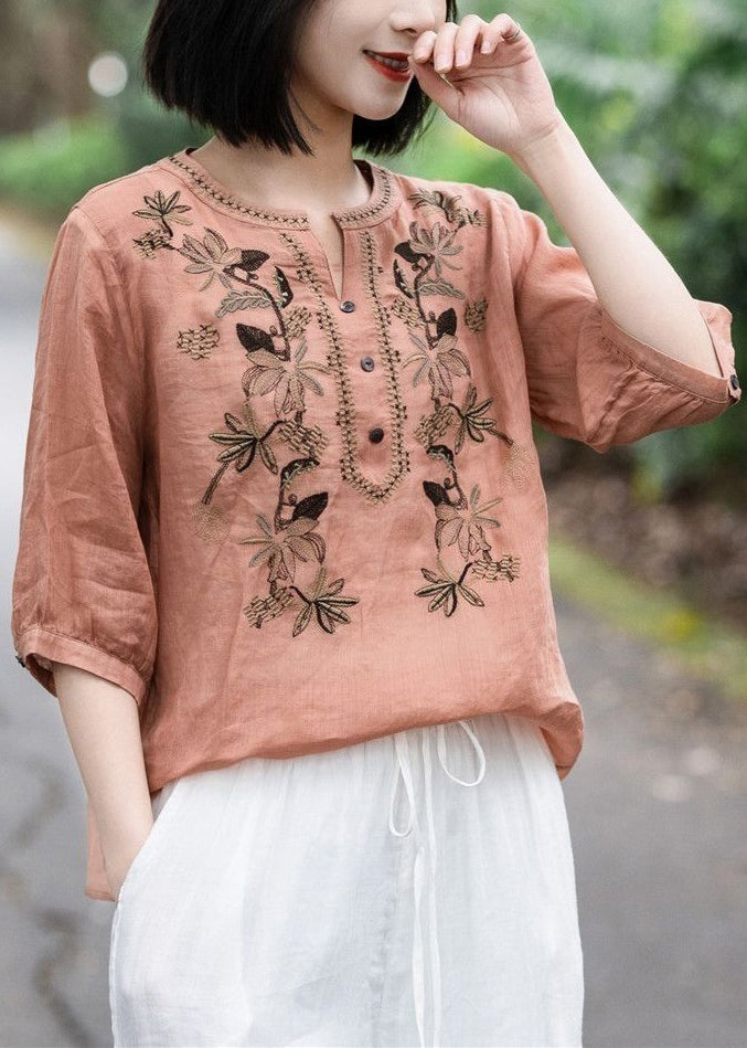 Pink Embroideried Button Cotton T Shirt Summer