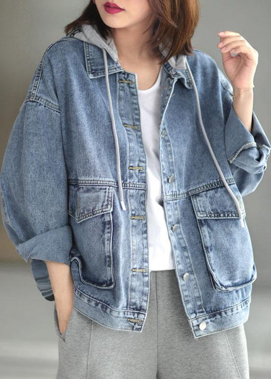 Light Denim Hooded Pockets Button Fall Long Sleeve Coat